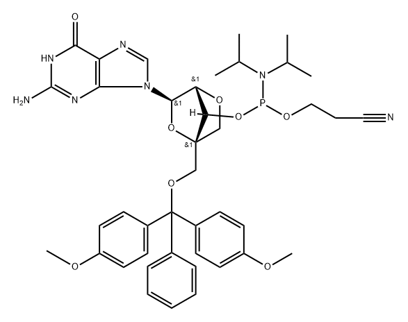 Guanosine, 5'-O-[bis(4-methoxyphenyl)phenylmethyl]-2'-O,4'-C-methylene-, 3'-[2-cyanoethyl bis(1-methylethyl)phosphoramidite] (9CI) 구조식 이미지