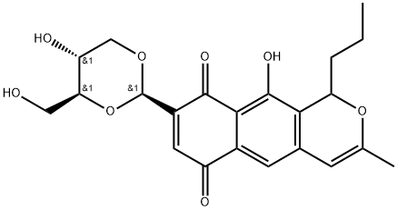 1H-Naphtho[2,3-c]pyran-6,9-dione, 10-hydroxy-8-[(2R,4S,5R)-5-hydroxy-4-(hydroxymethyl)-1,3-dioxan-2-yl]-3-methyl-1-propyl-, rel-(+)- Structure