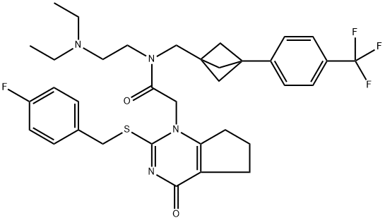 N-(2-Diethylamino-ethyl)-2-[2-(4-fluoro-benzylsulfanyl)-4-oxo-4,5,6,7-tetrahydro-cyclopentapyrimidin-1-yl]-N-[3-(4-trifluoromethyl-phenyl)-bicyclo[1.1.1]pent-1-ylmethyl]-acetamide Structure