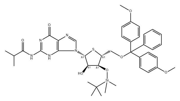Guanosine, 5'-?O-?[bis(4-?methoxyphenyl)?phenylmethyl]?-?3'-?O-?[(1,?1-?dimethylethyl)?dimethylsilyl]?-?N-?(2-?methyl-?1-?oxopropyl)?-?4'-?thio- Structure