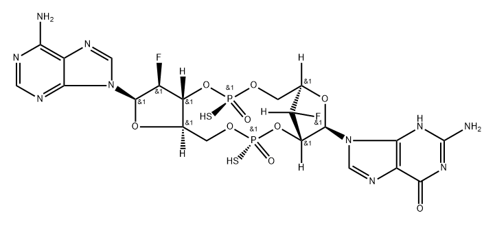 Guanosine, [P(R)]-2'-deoxy-2'-fluoro-5'-O-[(R)-hydroxymercaptophosphinyl]-P-thio-β-D-arabino-adenylyl-(3'→5')-3'-deoxy-3'-fluoro-, cyclic nucleotide Structure