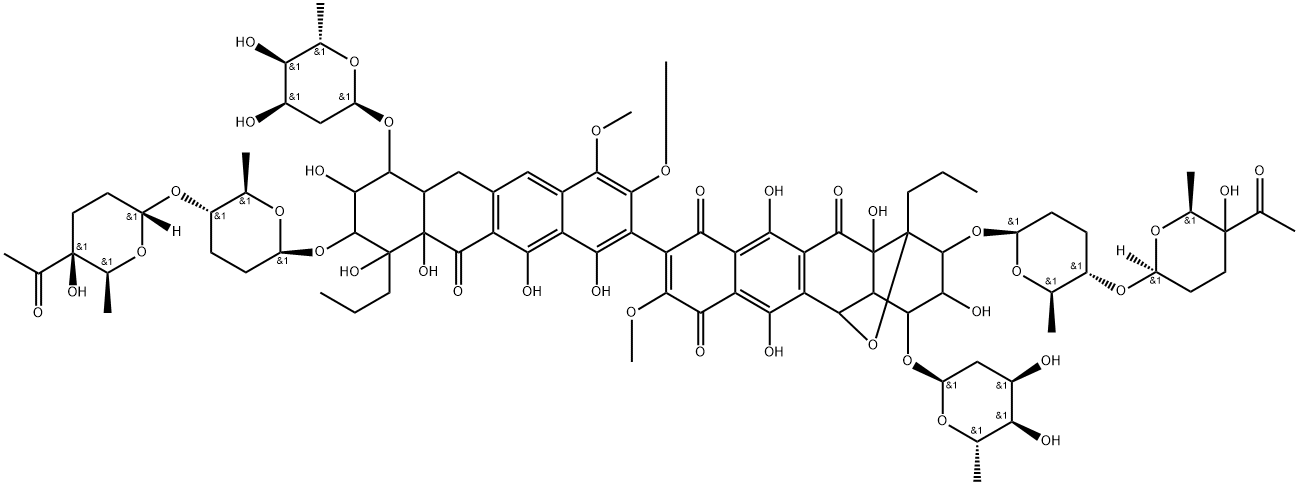 1,5-Epoxynaphthacene-7,10,12(2H)-trione, 2-[[(2R,5R,6S)-5-[[(2R,6R)-5-acetyltetrahydro-5-hydroxy-6-methyl-2H-pyran-2-yl]oxy]tetrahydro-6-methyl-2H-pyran-2-yl]oxy]-9-[9-[[(2R,5R,6S)-5-[[(2S,5R,6R)-5-acetyltetrahydro-5-hydroxy-6-methyl-2H-pyran-2-yl]oxy]tetrahydro-6-methyl-2H-pyran-2-yl]oxy]-7-[(2,6-dideoxy-α-D-ribo-hexopyranosyl)oxy]-6,6a,7,8,9,10,10a,11-octahydro-1,8,10,10a,12-pentahydroxy-3,4-dimethoxy-11-oxo-10-propyl-2-naphthacenyl]-4-[(2,6-dideoxy-α-D-ribo-hexopyranosyl)oxy]-1,3,4,4a,5,12a-hexahydro-3,6,11,12a-tetrahydroxy-8-methoxy-1-propyl-, rel- Structure