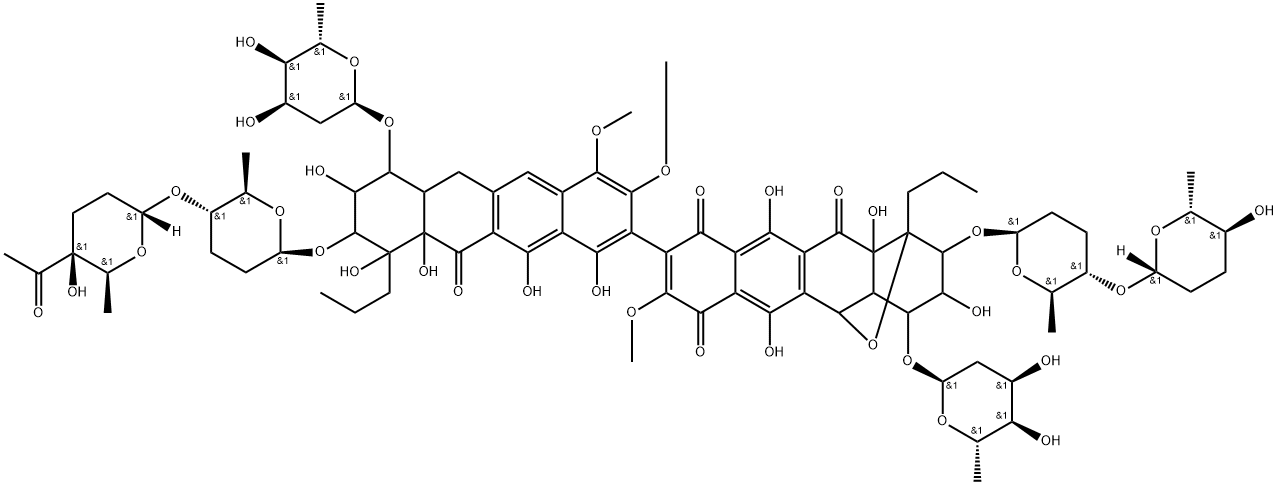 1,5-Epoxynaphthacene-7,10,12(2H)-trione, 9-[9-[[(2R,5R,6S)-5-[[(2S,5R,6R)-5-acetyltetrahydro-5-hydroxy-6-methyl-2H-pyran-2-yl]oxy]tetrahydro-6-methyl-2H-pyran-2-yl]oxy]-7-[(2,6-dideoxy-α-D-ribo-hexopyranosyl)oxy]-6,6a,7,8,9,10,10a,11-octahydro-1,8,10,10a,12-pentahydroxy-3,4-dimethoxy-11-oxo-10-propyl-2-naphthacenyl]-4-[(2,6-dideoxy-α-D-ribo-hexopyranosyl)oxy]-1,3,4,4a,5,12a-hexahydro-3,6,11,12a-tetrahydroxy-8-methoxy-1-propyl-2-[[(2R,5R,6S)-tetrahydro-6-methyl-5-[[(2R,5R,6S)-tetrahydro-5-hydroxy-6-methyl-2H-pyran-2-yl]oxy]-2H-pyran-2-yl]oxy]-, rel- 구조식 이미지