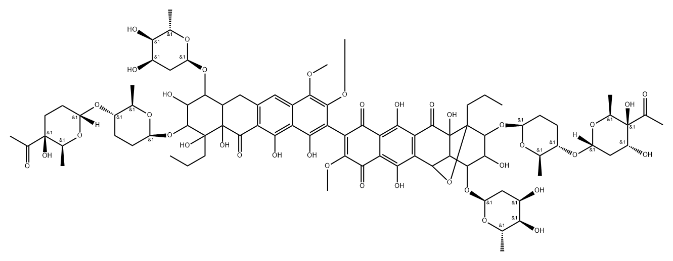 1,5-Epoxynaphthacene-7,10,12(2H)-trione, 2-[[(2R,5R,6S)-5-[(4-C-acetyl-2,6-dideoxy-α-D-xylo-hexopyranosyl)oxy]tetrahydro-6-methyl-2H-pyran-2-yl]oxy]-9-[9-[[(2R,5R,6S)-5-[[(2S,5R,6R)-5-acetyltetrahydro-5-hydroxy-6-methyl-2H-pyran-2-yl]oxy]tetrahydro-6-methyl-2H-pyran-2-yl]oxy]-7-[(2,6-dideoxy-α-D-ribo-hexopyranosyl)oxy]-6,6a,7,8,9,10,10a,11-octahydro-1,8,10,10a,12-pentahydroxy-3,4-dimethoxy-11-oxo-10-propyl-2-naphthacenyl]-4-[(2,6-dideoxy-α-D-ribo-hexopyranosyl)oxy]-1,3,4,4a,5,12a-hexahydro-3,6,11,12a-tetrahydroxy-8-methoxy-1-propyl-, rel- 구조식 이미지