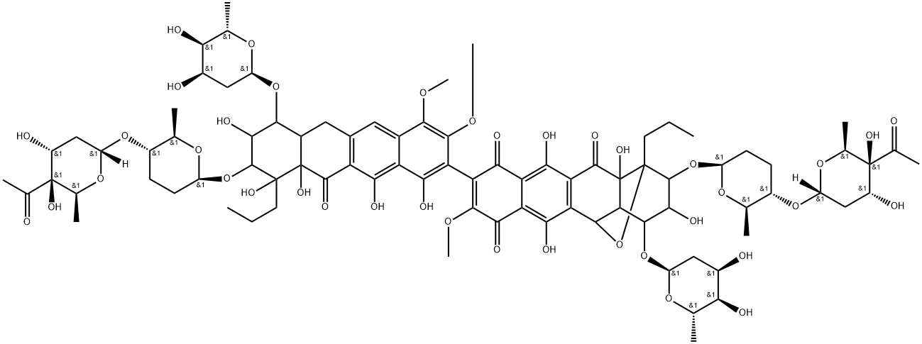 1,5-Epoxynaphthacene-7,10,12(2H)-trione, 2-[[(2R,5R,6S)-5-[(4-C-acetyl-2,6-dideoxy-α-D-xylo-hexopyranosyl)oxy]tetrahydro-6-methyl-2H-pyran-2-yl]oxy]-9-[9-[[(2R,5R,6S)-5-[(4-C-acetyl-2,6-dideoxy-α-D-xylo-hexopyranosyl)oxy]tetrahydro-6-methyl-2H-pyran-2-yl]oxy]-7-[(2,6-dideoxy-α-D-ribo-hexopyranosyl)oxy]-6,6a,7,8,9,10,10a,11-octahydro-1,8,10,10a,12-pentahydroxy-3,4-dimethoxy-11-oxo-10-propyl-2-naphthacenyl]-4-[(2,6-dideoxy-α-D-ribo-hexopyranosyl)oxy]-1,3,4,4a,5,12a-hexahydro-3,6,11,12a-tetrahydroxy-8-methoxy-1-propyl-, rel- 구조식 이미지