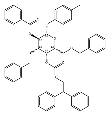 β-D-Galactopyranoside, 4-methylphenyl 3,6-bis-O-(phenylmethyl)-1-thio-, 2-benzoate 4-(9H-fluoren-9-ylmethyl carbonate) Structure