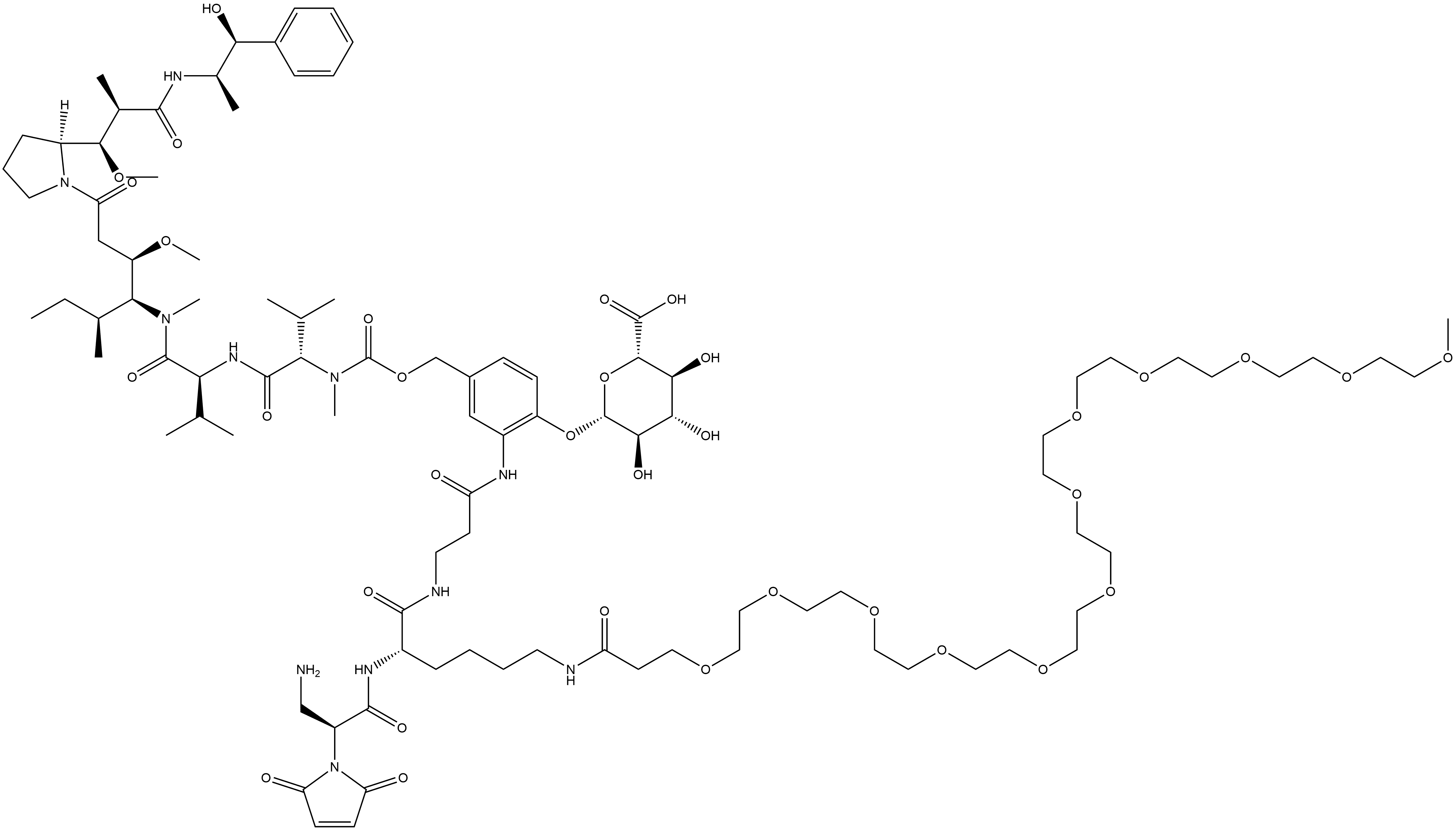 L-Valinamide, N-[[[3-[[(2S)-2-(2,5-dihydro-2,5-dioxo-1H-pyrrol-1-yl)-β-alanyl-N6-(1-oxo-4,7,10,13,16,19,22,25,28,31,34,37-dodecaoxaoctatriacont-1-yl)-L-lysyl-β-alanyl]amino]-4-(β-D-glucopyranuronosyloxy)phenyl]methoxy]carbonyl]-N-methyl-L-valyl-N-[(1S,2R)-4-[(2S)-2-[(1R,2R)-3-[[(1R,2S)-2-hydroxy-1-methyl-2-phenylethyl]amino]-1-methoxy-2-methyl-3-oxopropyl]-1-pyrrolidinyl]-2-methoxy-1-[(1S)-1-methylpropyl]-4-oxobutyl]-N-methyl- Structure