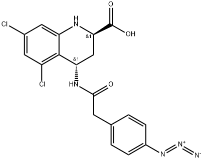 2-Quinolinecarboxylic acid, 4-[[2-(4-azidophenyl)acetyl]amino]-5,7-dichloro-1,2,3,4-tetrahydro-, (2R,4S)-rel- Structure