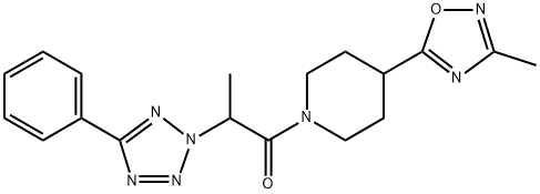 1-(4-(3-methyl-1,2,4-oxadiazole-5-yl)piperidino)-2-(5-phenyl-2H-tetrazole-2-yl)propan-1-one 구조식 이미지