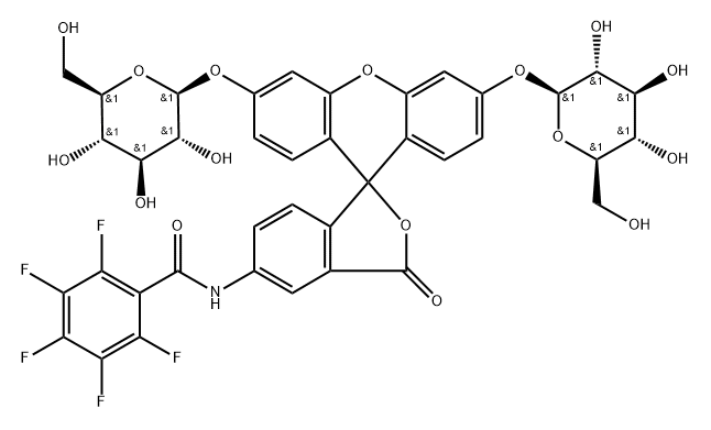 Benzamide, N-[3',6'-bis(β-D-glucopyranosyloxy)-3-oxospiro[isobenzofuran-1(3H),9'-[9H]xanthen]-5-yl]-2,3,4,5,6-pentafluoro- Structure