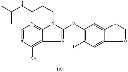 9H-Purine-9-propanamine, 6-amino-8-[(6-iodo-1,3-benzodioxol-5-yl)thio]-N-(1-methylethyl)-, hydrochloride (1:1) Structure