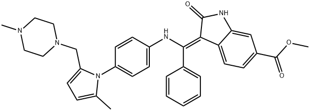 1H-Indole-6-carboxylic acid, 2,3-dihydro-3-[[[4-[2-methyl-5-[(4-methyl-1-piperazinyl)methyl]-1H-pyrrol-1-yl]phenyl]amino]phenylmethylene]-2-oxo-, methyl ester, (3Z)- Structure