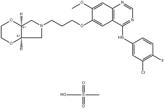 4-Quinazolinamine, N-(3-chloro-4-fluorophenyl)-6-[3-[(4aR,7aS)-hexahydro-6H-1,4-dioxino[2,3-c]pyrrol-6-yl]propoxy]-7-methoxy-, rel-, methanesulfonate, hydrate (2:4:1) Structure