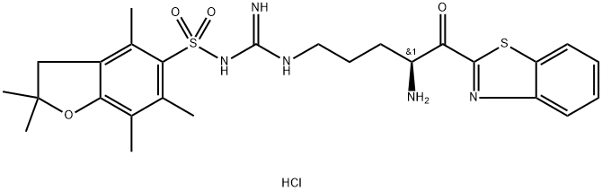 5-Benzofuransulfonamide, N-[[[(4S)-4-amino-5-(2-benzothiazolyl)-5-oxopentyl]amino]iminomethyl]-2,3-dihydro-2,2,4,6,7-pentamethyl-, hydrochloride (1:1) 구조식 이미지