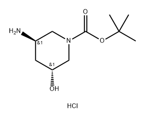 1-Piperidinecarboxylic acid, 3-amino-5-hydroxy-, 1,1-dimethylethyl ester, hydrochloride (1:1), (3R,5R)-rel- Structure