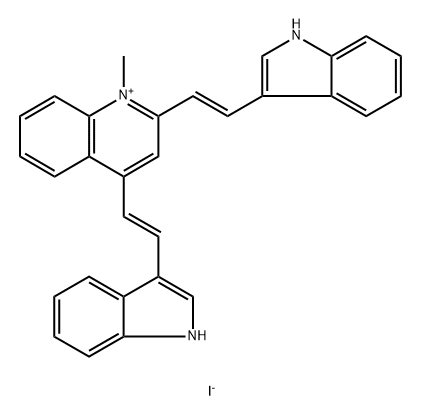 Quinolinium, 2,4-bis[(1E)-2-(1H-indol-3-yl)ethenyl]-1-methyl-, iodide (1:1) Structure