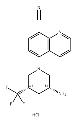 8-Quinolinecarbonitrile, 5-[(3R,5S)-3-amino-5-(trifluoromethyl)-1-piperidinyl]-, hydrochloride (1:1) Structure