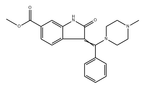 Nintedanib impurity 27/2,3-Dihydro-3-[(4-methyl-1-piperazinyl)phenylmethylene]-2-oxo-1H-indole-6-carboxylic acid methyl ester 구조식 이미지