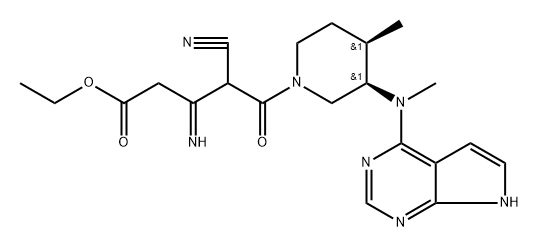 1-Piperidinepentanoic acid, γ-cyano-β-imino-4-methyl-3-(methyl-7H-pyrrolo[2,3-d]pyrimidin-4-ylamino)-δ-oxo-, ethyl ester, (3R,4R)- Structure