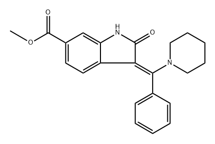 Nintedanib impurity 26/(3Z)-2,3-Dihydro-2-oxo-3-(phenyl-1-piperidinylmethylene)-1H-indole-6-carboxylic acid methyl ester 구조식 이미지