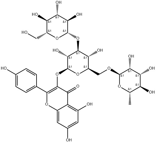 4H-1-Benzopyran-4-one, 3-[(O-6-deoxy-α-L-mannopyranosyl-(1→6)-O-[β-D-glucopyranosyl-(1→3)]-β-D-glucopyranosyl)oxy]-5,7-dihydroxy-2-(4-hydroxyphenyl)- Structure