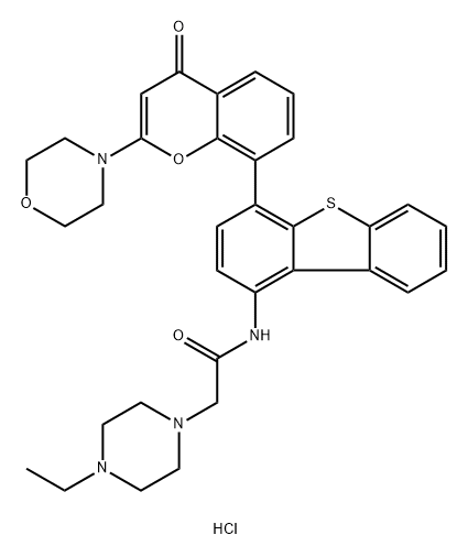 1-Piperazineacetamide, 4-ethyl-N-[4-[2-(4-morpholinyl)-4-oxo-4H-1-benzopyran-8-yl]-1-dibenzothienyl]-, hydrochloride (1:3) Structure