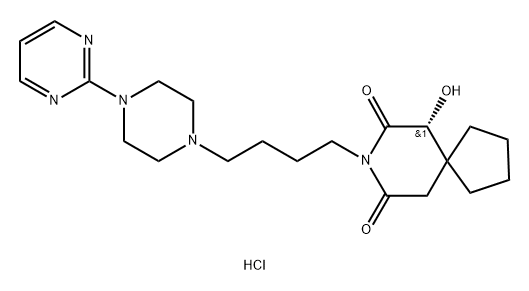 8-Azaspiro[4.5]decane-7,9-dione, 6-hydroxy-8-[4-[4-(2-pyrimidinyl)-1-piperazinyl]butyl]-, hydrochloride (1:1), (6R)- Structure