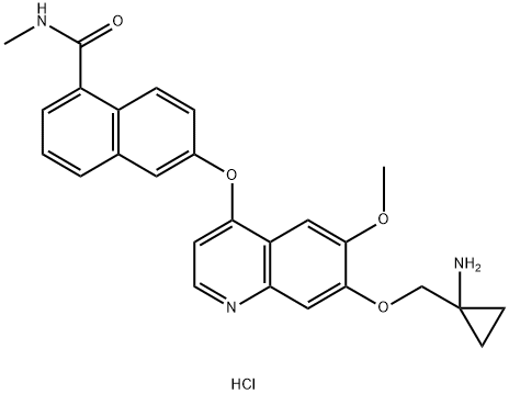 1-Naphthalenecarboxamide, 6-[[7-[(1-aminocyclopropyl)methoxy]-6-methoxy-4-quinolinyl]oxy]-N-methyl-, hydrochloride (1:2) Structure