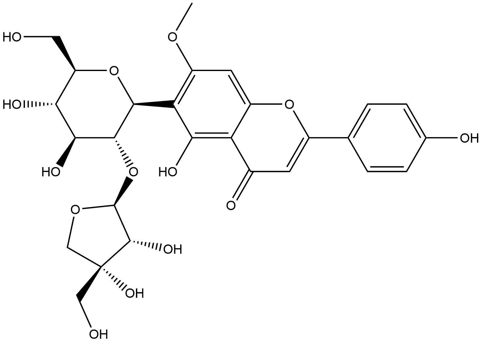 4H-1-Benzopyran-4-one, 6-(2-O-D-apio-β-D-furanosyl-β-D-glucopyranosyl)-5-hydroxy-2-(4-hydroxyphenyl)-7-methoxy- Structure