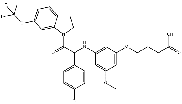 Butanoic acid, 4-[3-[[1-(4-chlorophenyl)-2-[2,3-dihydro-6-(trifluoromethoxy)-1H-indol-1-yl]-2-oxoethyl]amino]-5-methoxyphenoxy]-, (+)- Structure