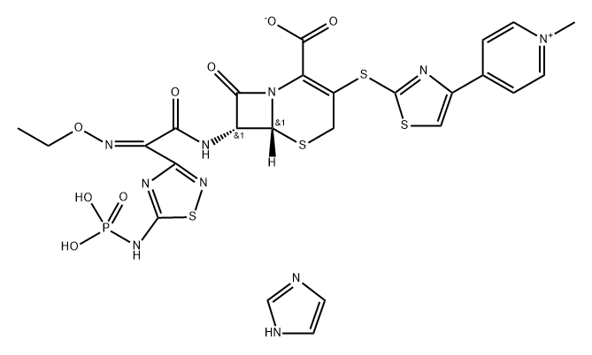 Pyridinium, 4-[2-[[(6R,7R)-2-carboxy-7-[[(2Z)-2-(ethoxyimino)-2-[5-(phosphonoamino)-1,2,4-thiadiazol-3-yl]acetyl]amino]-8-oxo-5-thia-1-azabicyclo[4.2.0]oct-2-en-3-yl]thio]-4-thiazolyl]-1-methyl-, inner salt, compd. with 1H-imidazole (1:1) Structure