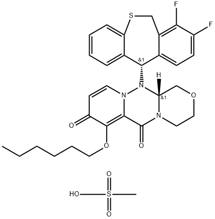 1H-[1,4]Oxazino[3,4-c]pyrido[2,1-f][1,2,4]triazine-6,8-dione, 12-[(11S)-7,8-difluoro-6,11-dihydrodibenzo[b,e]thiepin-11-yl]-7-(hexyloxy)-3,4,12,12a-tetrahydro-, (12aR)-, compd. with methanesulfonate (1:1) Structure