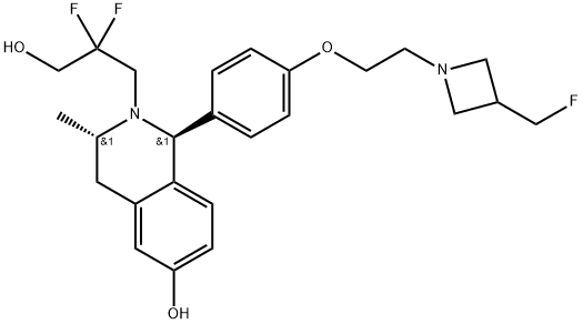 2(1H)-Isoquinolinepropanol, β,β-difluoro-1-[4-[2-[3-(fluoromethyl)-1-azetidinyl]ethoxy]phenyl]-3,4-dihydro-6-hydroxy-3-methyl-, (1S,3S)- Structure