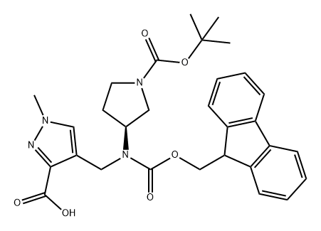 4-({[(3S)-1-[(tert-butoxy)carbonyl]pyrrolidin-3-yl]({[
(9H-fluoren-9-yl)methoxy]carbonyl})amino}methyl
)-1-methyl-1H-pyrazole-3-carboxylic acid Structure