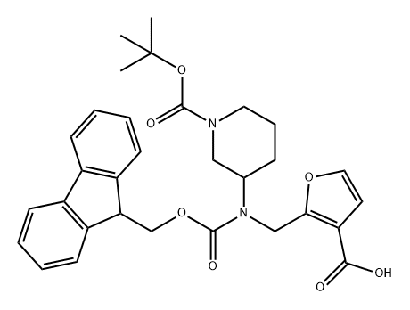 2-[({1-[(tert-butoxy)carbonyl]piperidin-3-yl}({[(9H-fl
uoren-9-yl)methoxy]carbonyl})amino)methyl]furan
-3-carboxylic acid Structure