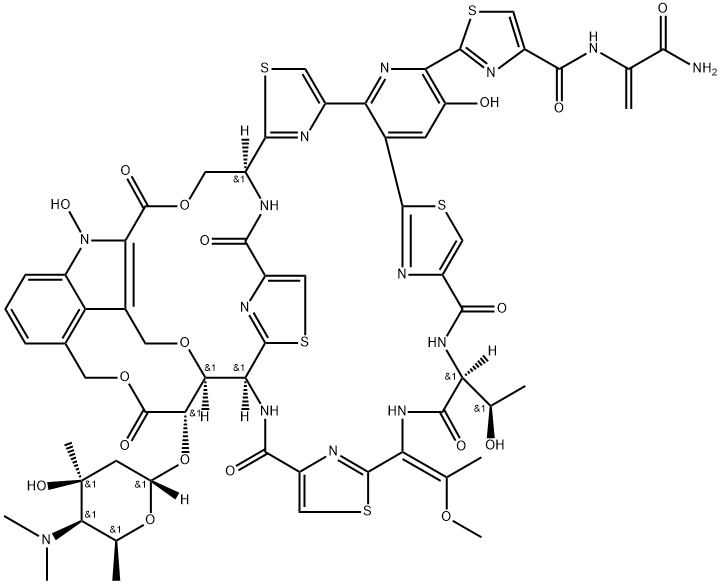 4-Thiazolecarboxamide, N-[1-(aminocarbonyl)ethenyl]-2-[(11S,14E,21S,22S,33S,49S)-9,10,11,12,13,14,19,20,21,22,29,30,32,33-tetradecahydro-3,29-dihydroxy-11-[(1R)-1-hydroxyethyl]-14-(1-methoxyethylidene)-9,12,19,30,40,48-hexaoxo-49-[[2,4,6-trideoxy-4-(dimethylamino)-3-C-methyl-α-L-lyxo-hexopyranosyl]oxy]-22,25-(ethanoxymethano)-8,5:18,15:37,34-trinitrilo-21,33-([2,4]-endo-thiazolomethanimino)-5H,15H,24H,34H-pyrido[3′,2′:20,21][1,28,8,18,24,4,11,14]dioxatrithiatriazacyclodotriacontino[30,31-b]indol-2-yl]- Structure