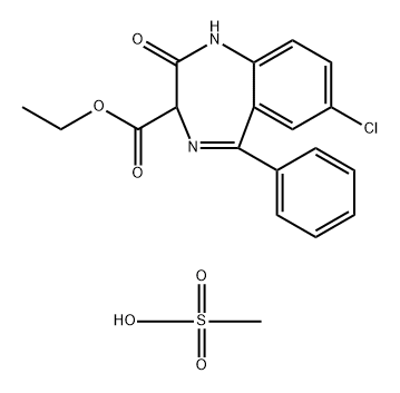 1H-1,4-Benzodiazepine-3-carboxylic acid, 7-chloro-2,3-dihydro-2-oxo-5-phenyl-, ethyl ester, methanesulfonate (1:1) Structure