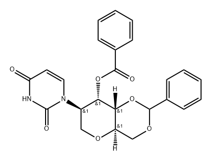 1,5-Anhydro-3-O-benzoyl-4,6-O-benzylidene-2-deoxy-2-(uracil-1-yl)-D-altro-hexitol 구조식 이미지