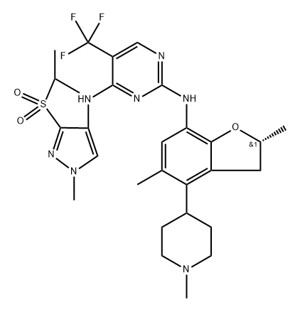 (R)-N2-(2,5-Dimethyl-4-(1-methylpiperidin-4-yl)-2,3-dihydrobenzofuran-7-yl)-N4-(3-(isopropylsulfonyl)-1-methyl-1H-pyrazol-4-yl)-5-(trifluoromethyl)pyrimidine-2,4-diamine Structure