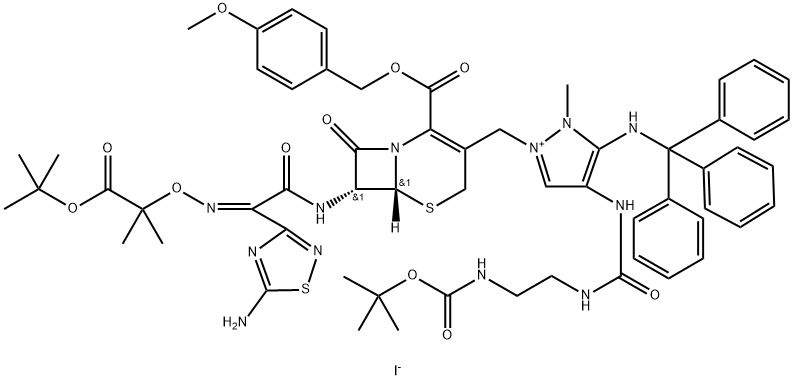 1H-Pyrazolium, 2-[[(6R,7R)-7-[[(2Z)-2-(5-amino-1,2,4-thiadiazol-3-yl)-2-[[2-(1,1-dimethylethoxy)-1,1-dimethyl-2-oxoethoxy]imino]acetyl]amino]-2-[[(4-methoxyphenyl)methoxy]carbonyl]-8-oxo-5-thia-1-azabicyclo[4.2.0]oct-2-en-3-yl]methyl]-4-[[[[2-[[(1,1-dimethylethoxy)carbonyl]amino]ethyl]amino]carbonyl]amino]-1-methyl-5-[(triphenylmethyl)amino]-, iodide (1:1) Structure