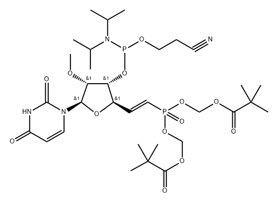 2,?4(1H,?3H)?-?Pyrimidinedione, 1-?[(5E)?-?6-?[bis[(2,?2-?dimethyl-?1-?oxopropoxy)?methoxy]?phosphinyl]?-?3-?O-?[[bis(1-?methylethyl)?amino]?(2-?cyanoethoxy)?phosphino]?-?5,?6-?dideoxy-?2-?O-?methyl-?β-?D-?ribo-?hex-?5-?enofuranosyl]?- 구조식 이미지