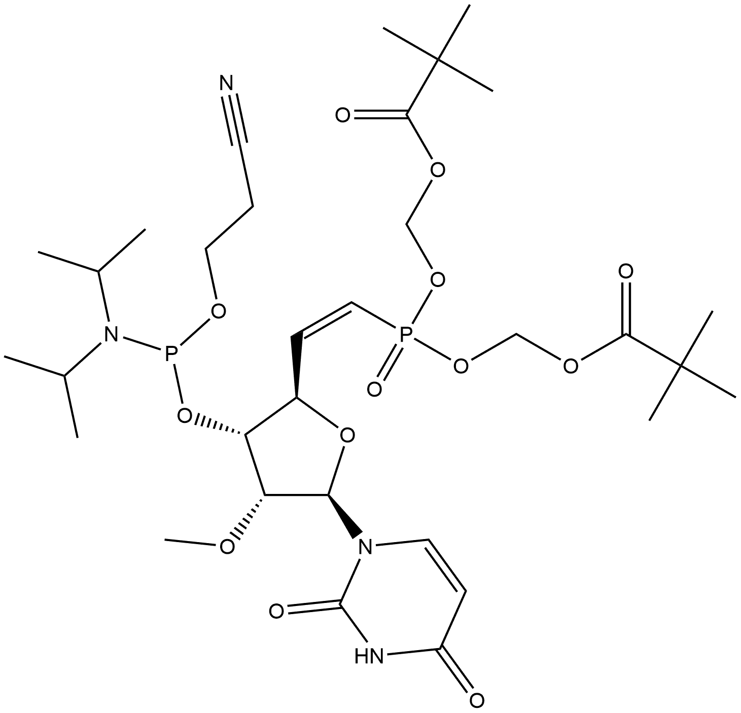 2,4(1H,3H)-Pyrimidinedione, 1-[(5Z)-6-[bis[(2,2-dimethyl-1-oxopropoxy)methoxy]phosphinyl]-3-O-[[bis(1-methylethyl)amino](2-cyanoethoxy)phosphino]-5,6-dideoxy-2-O-methyl-β-D-ribo-hex-5-enofuranosyl]- 구조식 이미지