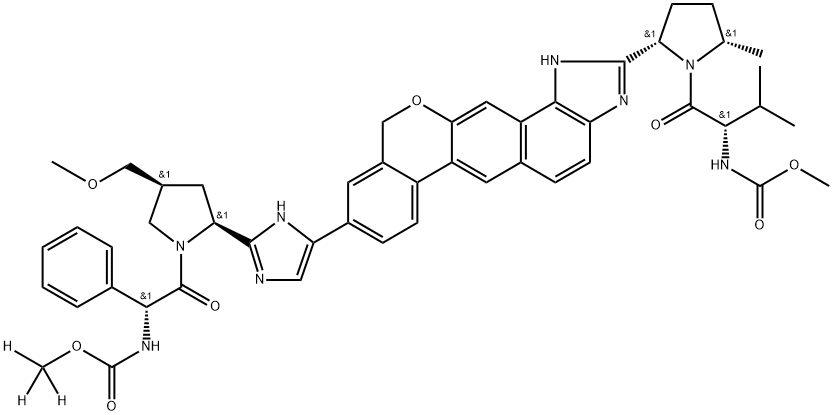 Carbamic acid, N-[(1R)-2-[(2S,4S)-2-[5-[1,11-dihydro-2-[(2S,5S)-1-[(2S)-2-[(methoxycarbonyl)amino]-3-methyl-1-oxobutyl]-5-methyl-2-pyrrolidinyl][2]benzopyrano[4',3':6,7]naphth[1,2-d]imidazol-9-yl]-1H-imidazol-2-yl]-4-(methoxymethyl)-1-pyrrolidinyl]-2-oxo-1-phenylethyl]-, methyl-d3 ester Structure