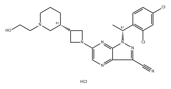 1H-Pyrazolo[3,4-b]pyrazine-3-carbonitrile, 1-[(1R)-1-(2,4-dichlorophenyl)ethyl]-6-[3-[(3R)-1-(2-hydroxyethyl)-3-piperidinyl]-1-azetidinyl]-, hydrochloride (1:) Structure