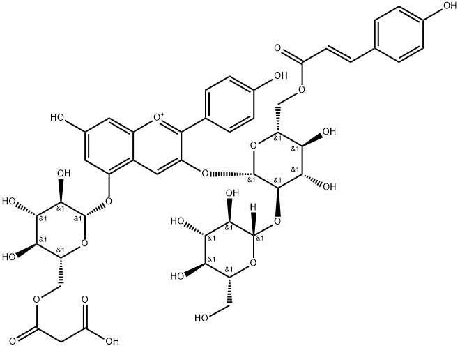 Pelargonidin 3-O-[6-O-(E)-P-coumarin-2-O-β-D-glucoside}-β-D-glucoside]-5-O-(6-O-malonyl）-β-D-glucoside Structure