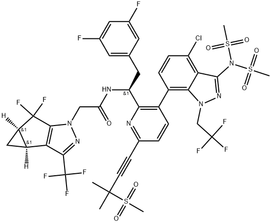 1H-Cyclopropa[3,4]cyclopenta[1,2-c]pyrazole-1-acetamide, N-[(1S)-1-[3-[3-[bis(methylsulfonyl)amino]-4-chloro-1-(2,2,2-trifluoroethyl)-1H-indazol-7-yl]-6-[3-methyl-3-(methylsulfonyl)-1-butyn-1-yl]-2-pyridinyl]-2-(3,5-difluorophenyl)ethyl]-5,5-difluoro-3b,4,4a,5-tetrahydro-3-(trifluoromethyl)-, (3bS,4aR)- Structure