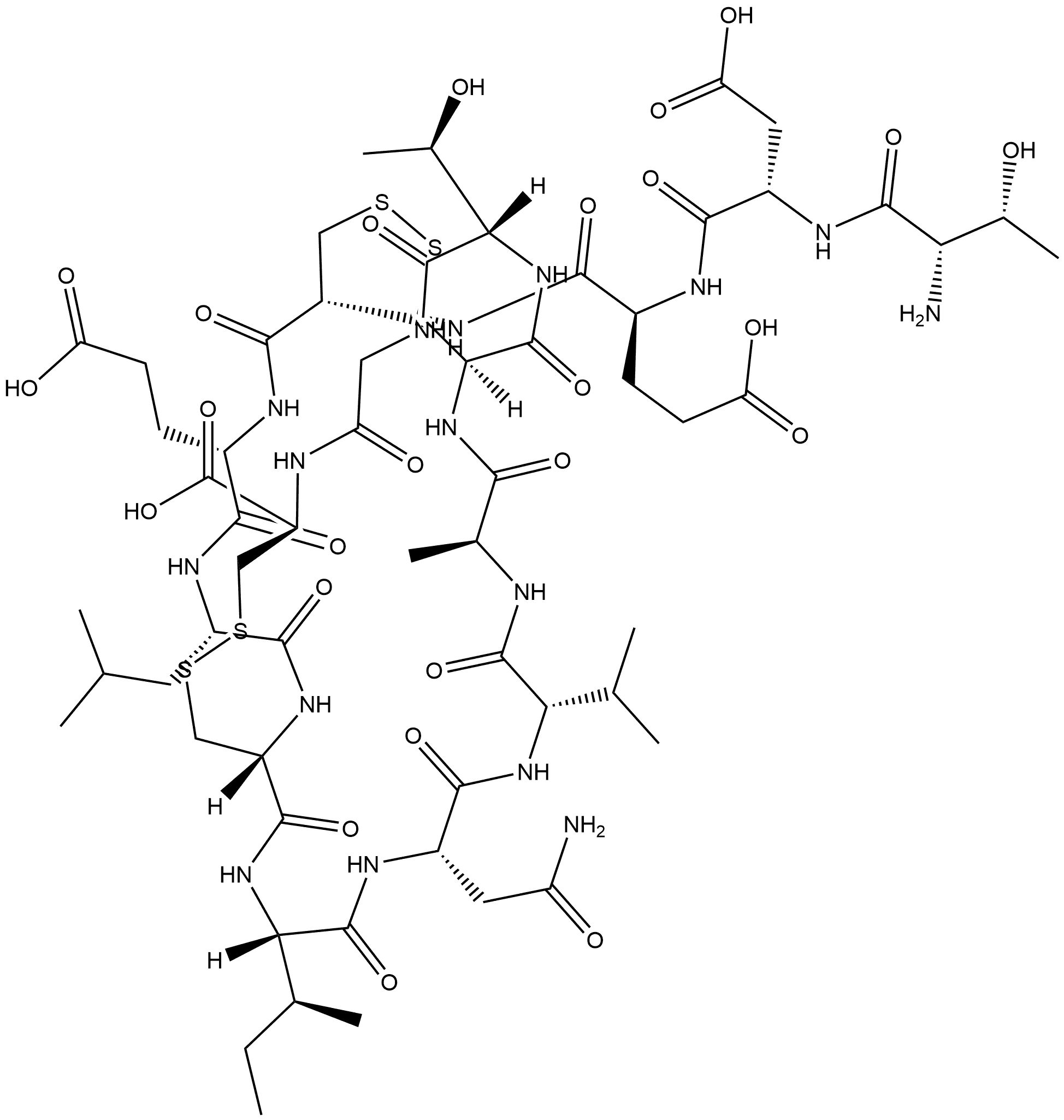 L-Cysteine, L-threonyl-L-α-aspartyl-L-α-glutamyl-L-cysteinyl-L-α-glutamyl-L-leucyl-L-cysteinyl-L-isoleucyl-L-asparaginyl-L-valyl-L-alanyl-L-cysteinyl-L-threonylglycyl-, cyclic (4→12),(7→15)-bis(disulfide) (9CI) Structure