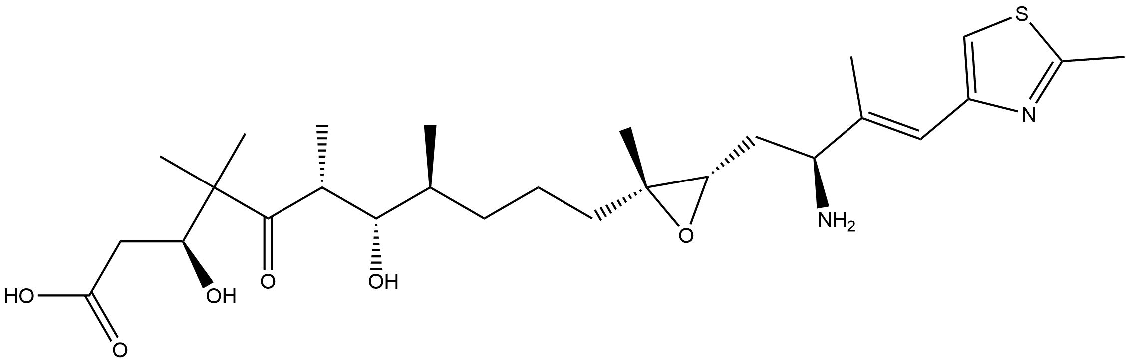 2-Oxiraneundecanoic acid, 3-[(2S,3E)-2-amino-3-methyl-4-(2-methyl-4-thiazolyl)-3-buten-1-yl]-β,ζ-dihydroxy-γ,γ,ε,η,2-pentamethyl-δ-oxo-, (βS,εR,ζS,ηS,2R,3S)- 구조식 이미지
