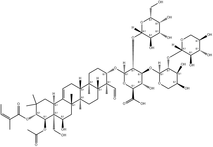 β-D-Glucopyranosiduronic acid, (3β,4α,16α,21β,22α)-22-(acetyloxy)-16,28-dihydroxy-21-[[(2Z)-2-methyl-1-oxo-2-buten-1-yl]oxy]-23-oxoolean-12-en-3-yl O-β-D-galactopyranosyl-(1→2)-O-[O-β-D-xylopyranosyl-(1→2)-α-L-arabinopyranosyl-(1→3)]- 구조식 이미지