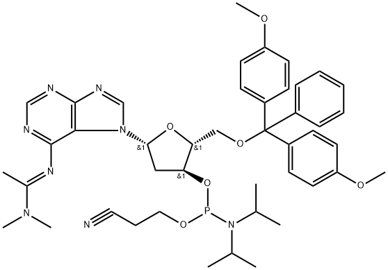 Ethanimidamide, N'-[7-[5-O-[bis(4-methoxyphenyl)phenylmethyl]-3-O-[[bis(1-methylethyl)amino](2-cyanoethoxy)phosphino]-2-deoxy-β-D-erythro-pentofuranosyl]-7H-purin-6-yl]-N,N-dimethyl- Structure